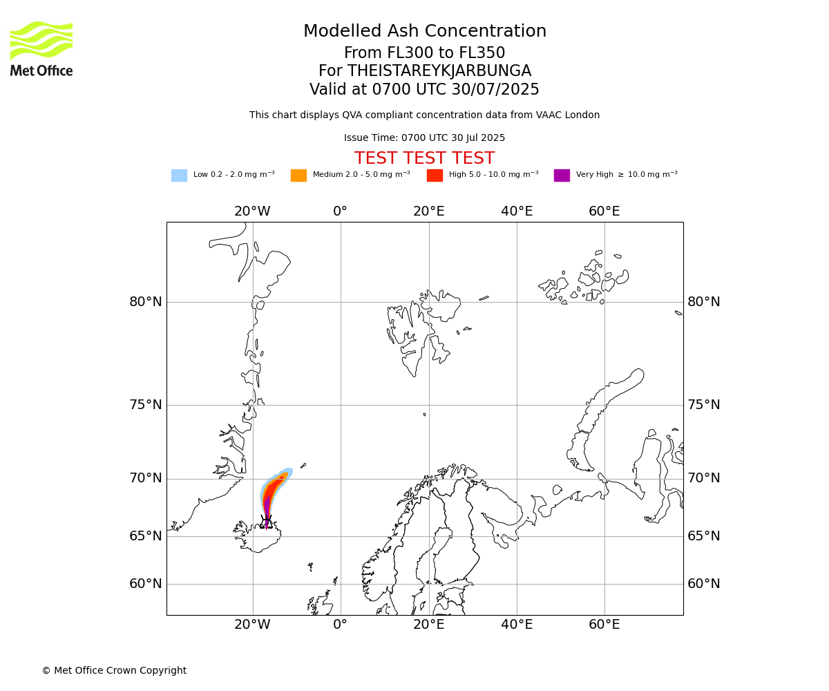 Modelled ash concentration from 300 to 350 for THEISTAREYKJARBUNGA. Valid at 0700 UTC 30/07/2025