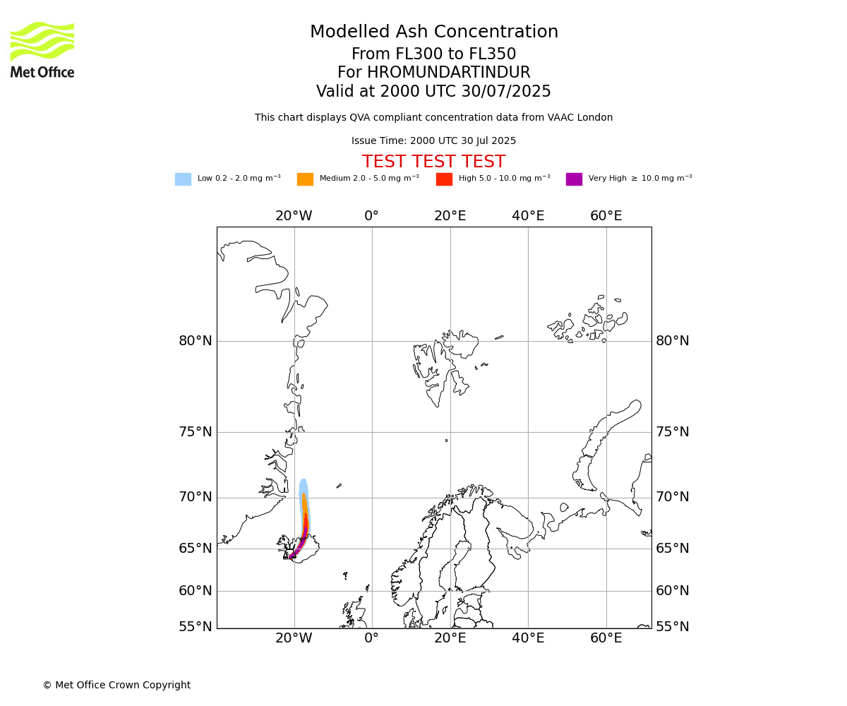 Modelled ash concentration from 300 to 350 for HROMUNDARTINDUR. Valid at 2000 UTC 30/07/2025