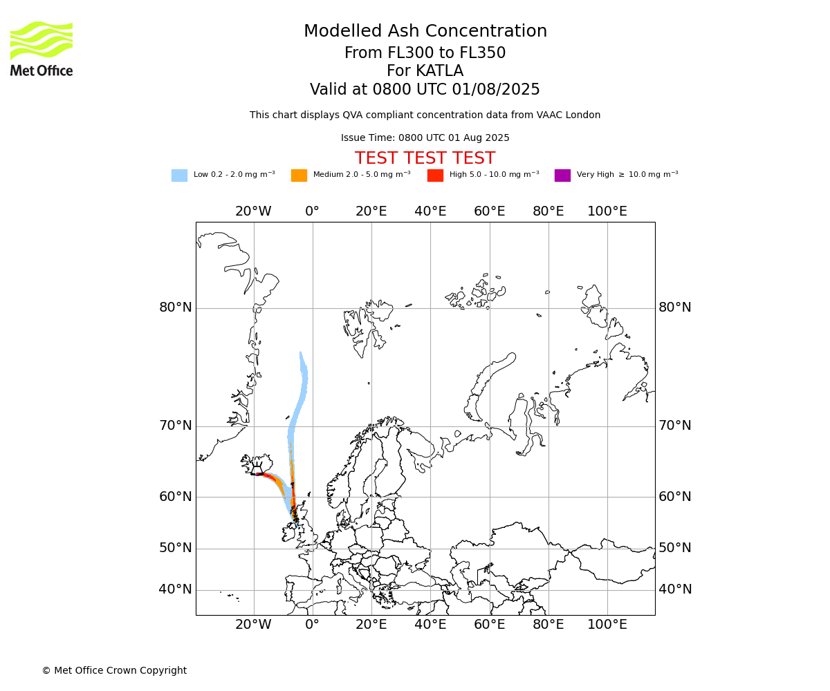 Modelled ash concentration from 300 to 350 for KATLA. Valid at 0800 UTC 01/08/2025