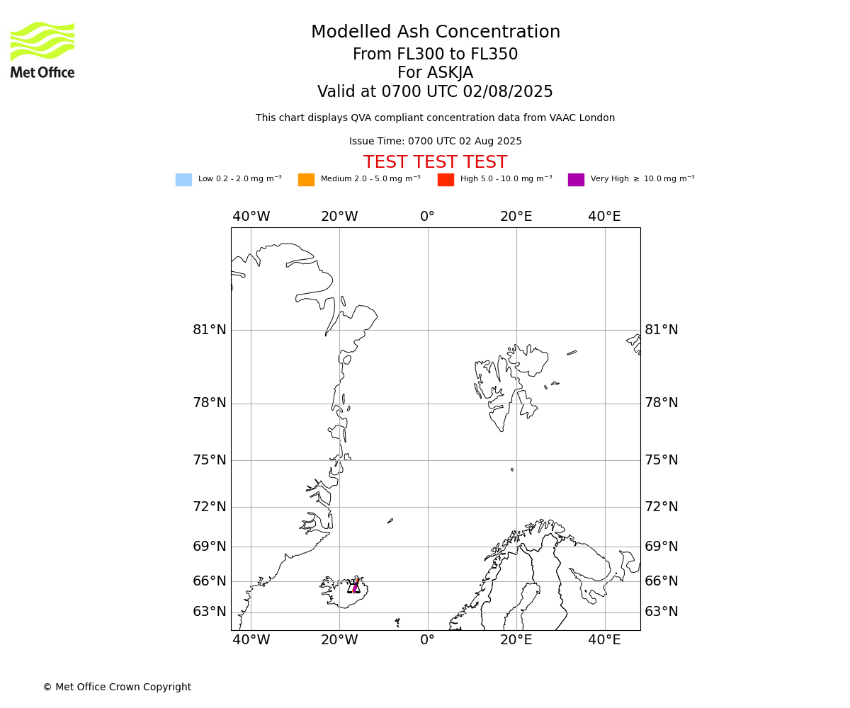Modelled ash concentration from 300 to 350 for ASKJA. Valid at 0700 UTC 02/08/2025