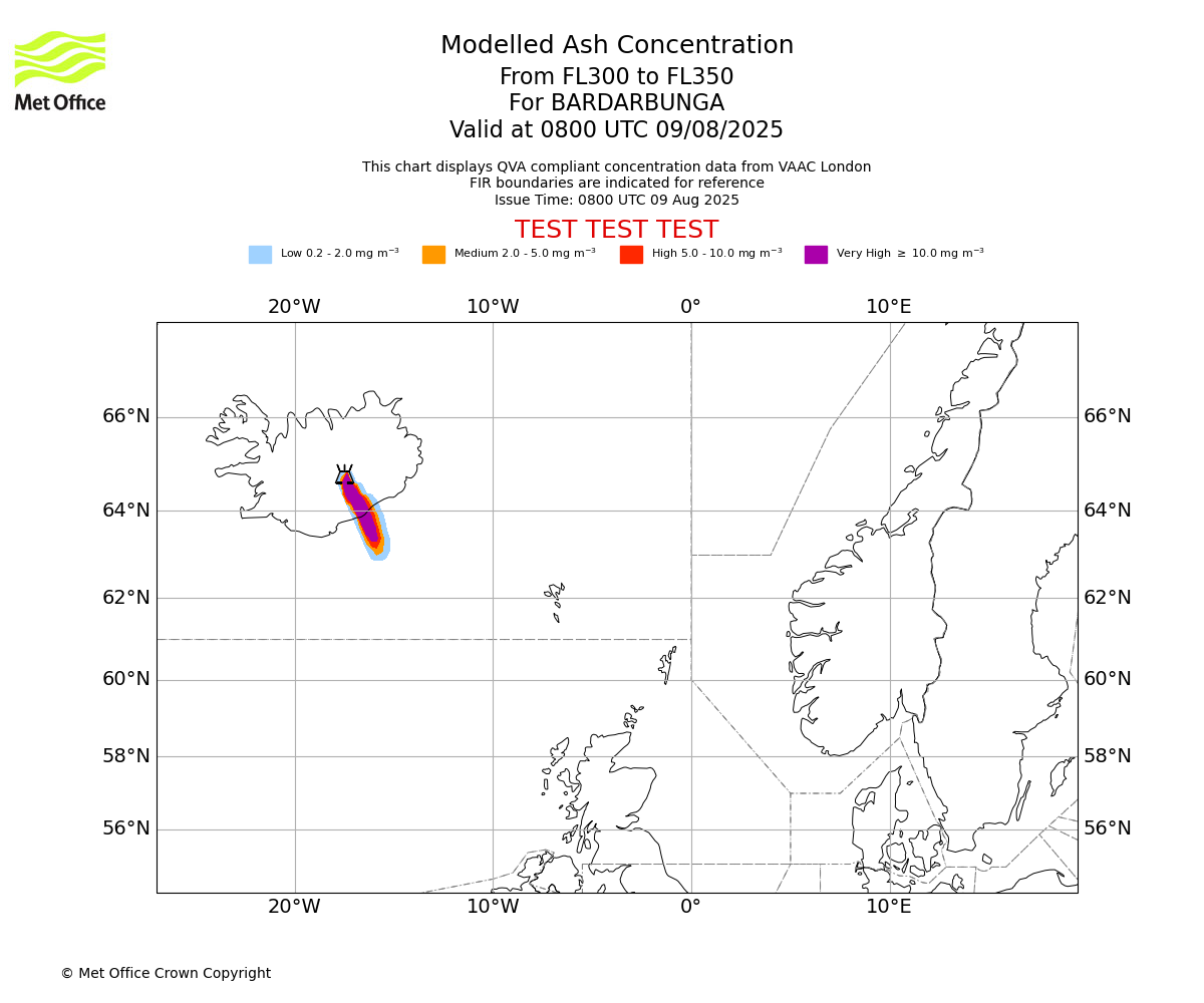Modelled ash concentration from 300 to 350 for BARDARBUNGA. Valid at 0800 UTC 09/08/2025