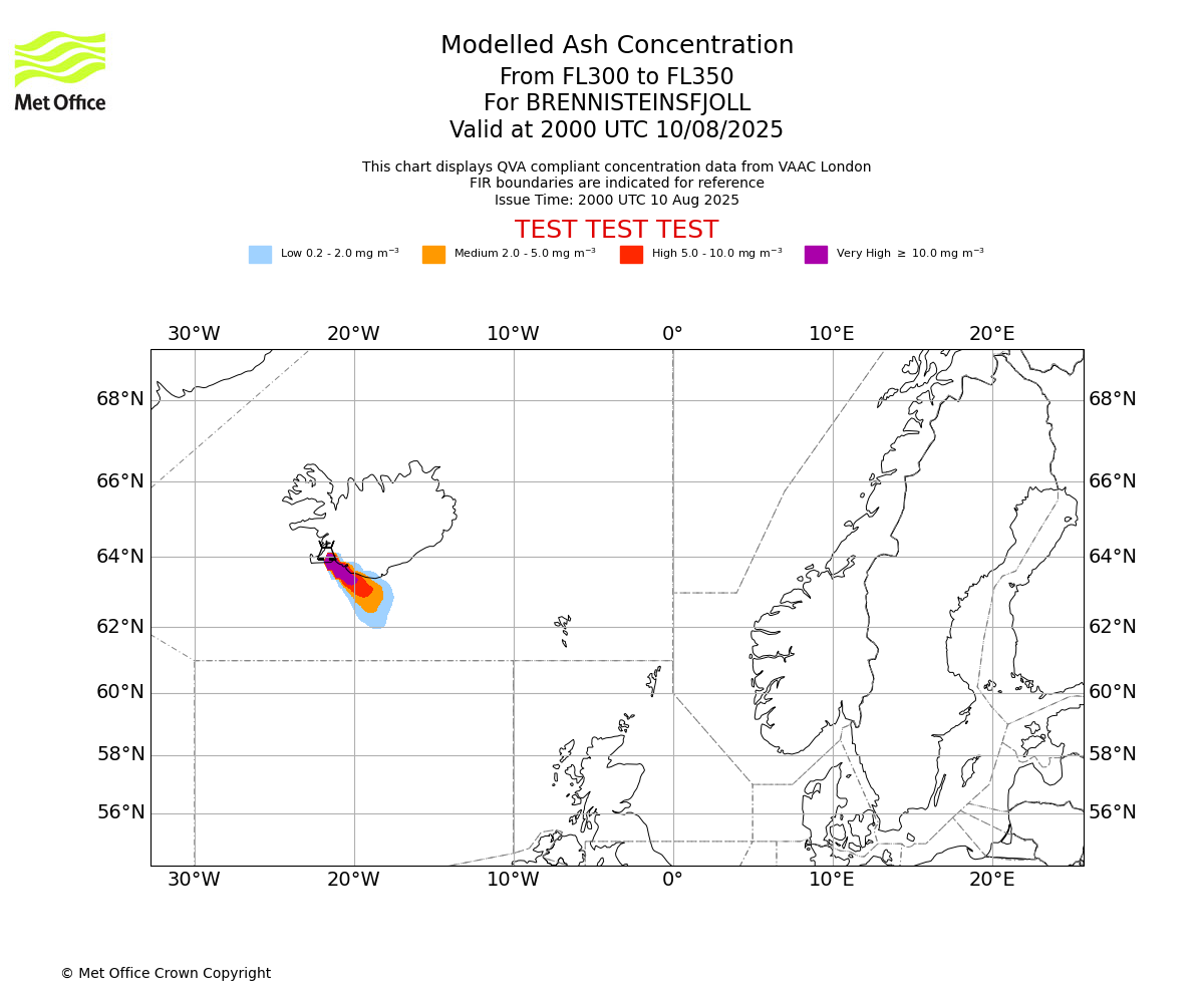 Modelled ash concentration from 300 to 350 for BRENNISTEINSFJOLL. Valid at 2000 UTC 10/08/2025