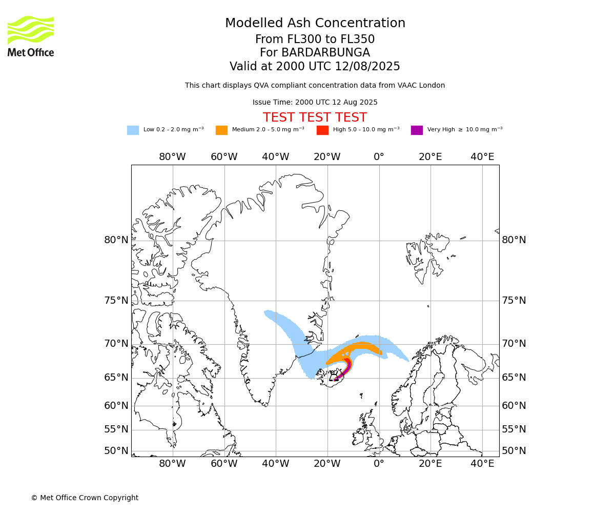 Modelled ash concentration from 300 to 350 for BARDARBUNGA. Valid at 2000 UTC 12/08/2025