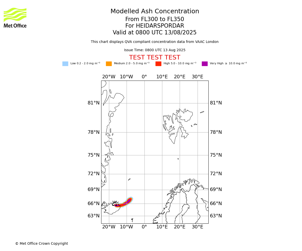 Modelled ash concentration from 300 to 350 for HEIDARSPORDAR. Valid at 0800 UTC 13/08/2025