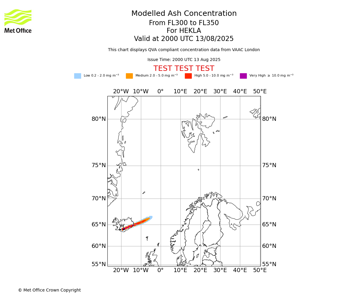 Modelled ash concentration from 300 to 350 for HEKLA. Valid at 2000 UTC 13/08/2025