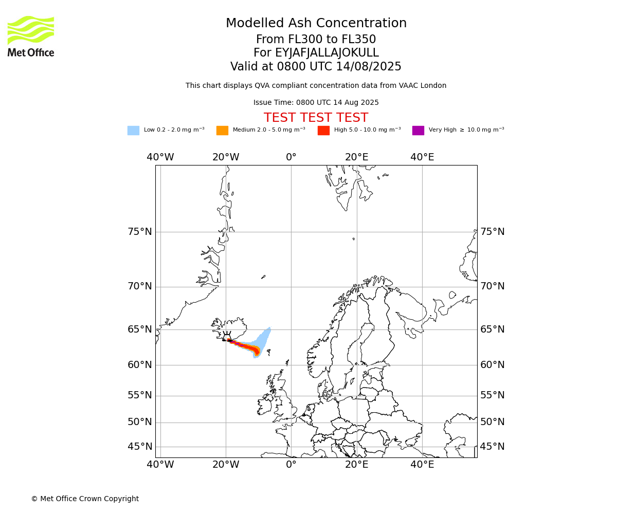 Modelled ash concentration from 300 to 350 for EYJAFJALLAJOKULL. Valid at 0800 UTC 14/08/2025