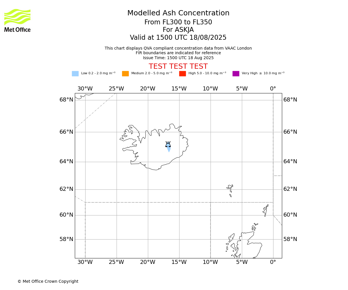 Modelled ash concentration from 300 to 350 for ASKJA. Valid at 1500 UTC 18/08/2025