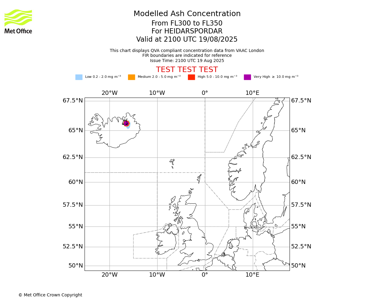 Modelled ash concentration from 300 to 350 for HEIDARSPORDAR. Valid at 2100 UTC 19/08/2025