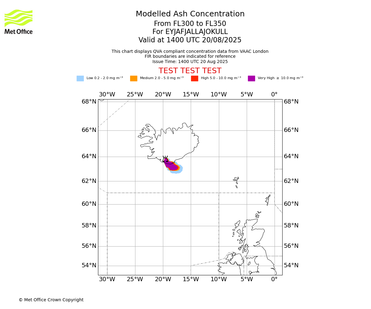 Modelled ash concentration from 300 to 350 for EYJAFJALLAJOKULL. Valid at 1400 UTC 20/08/2025