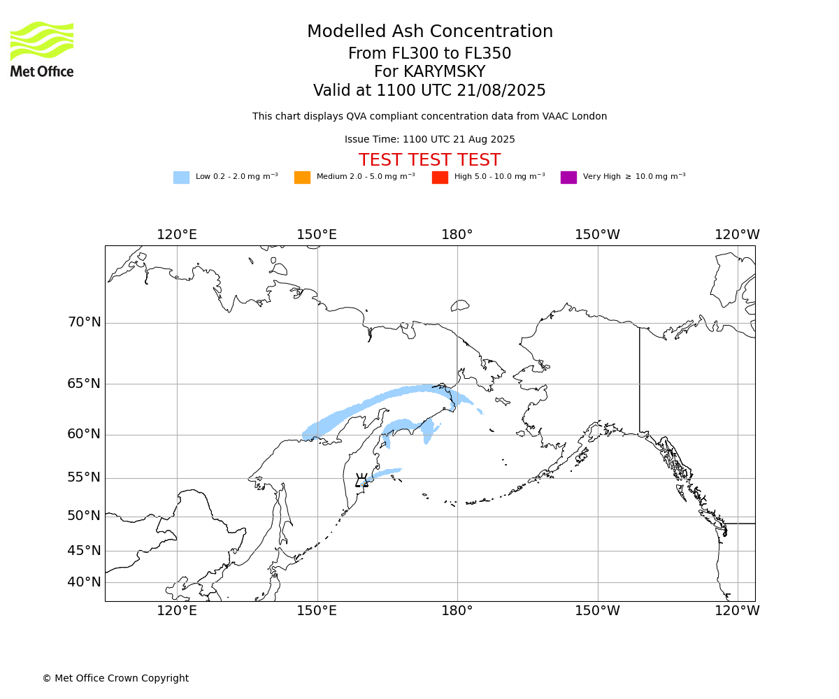 Modelled ash concentration from 300 to 350 for KARYMSKY. Valid at 1100 UTC 21/08/2025