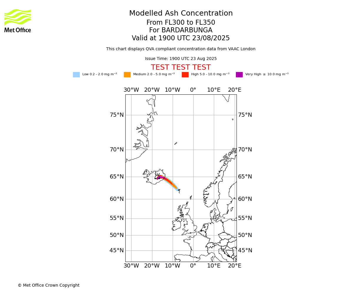 Modelled ash concentration from 300 to 350 for BARDARBUNGA. Valid at 1900 UTC 23/08/2025