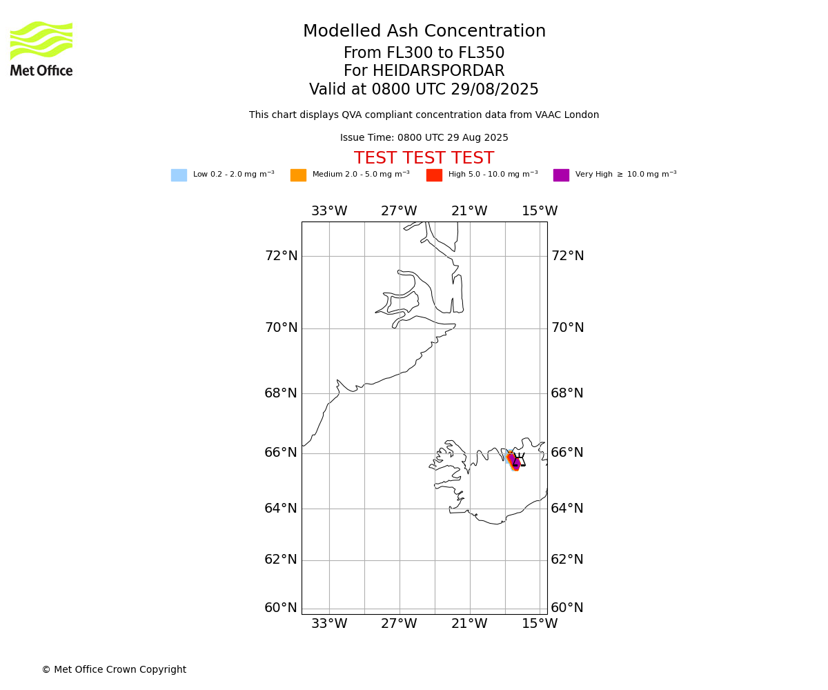 Modelled ash concentration from 300 to 350 for HEIDARSPORDAR. Valid at 0800 UTC 29/08/2025