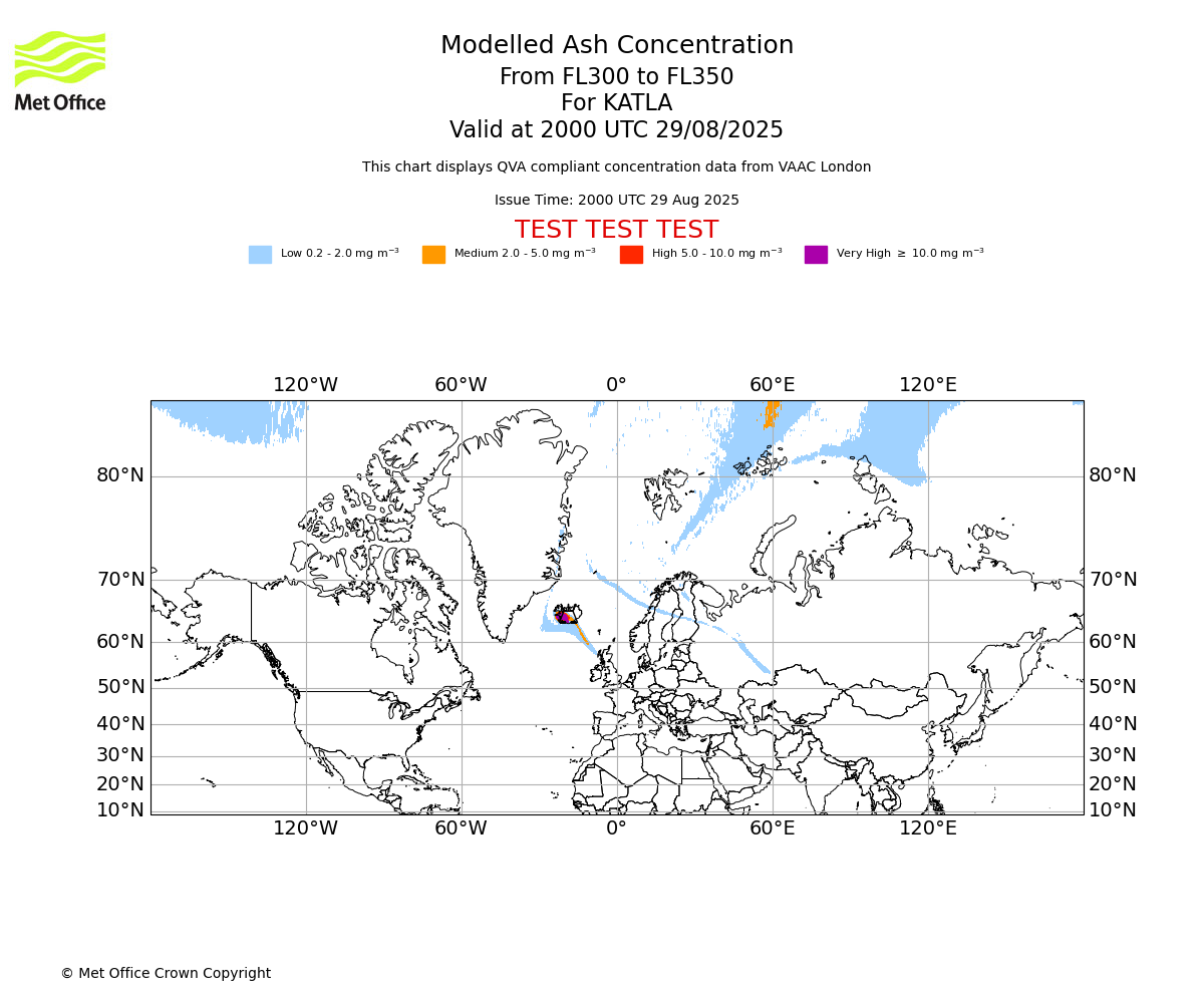 Modelled ash concentration from 300 to 350 for KATLA. Valid at 2000 UTC 29/08/2025
