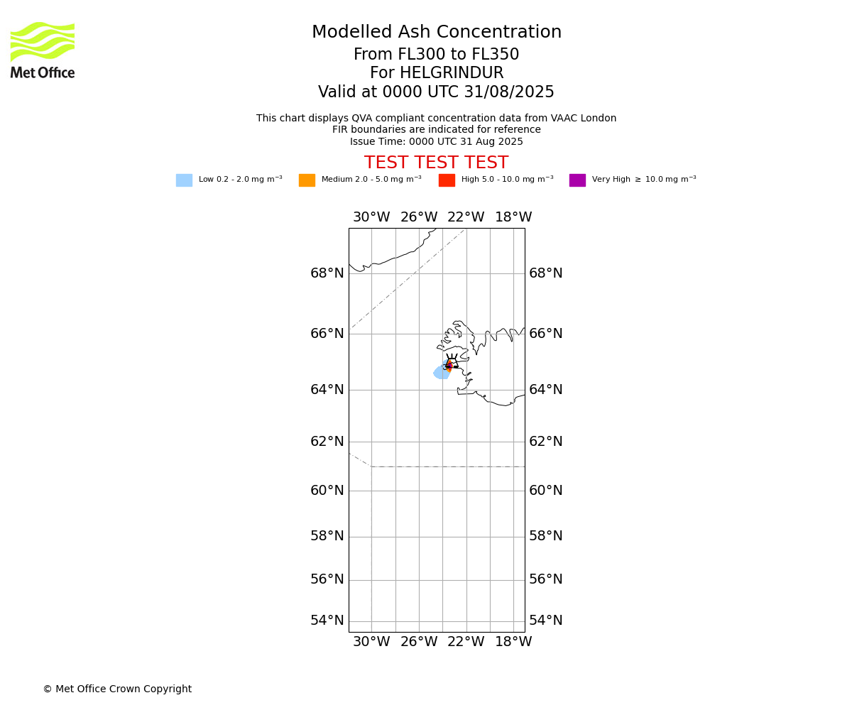Modelled ash concentration from 300 to 350 for HELGRINDUR. Valid at 0000 UTC 31/08/2025