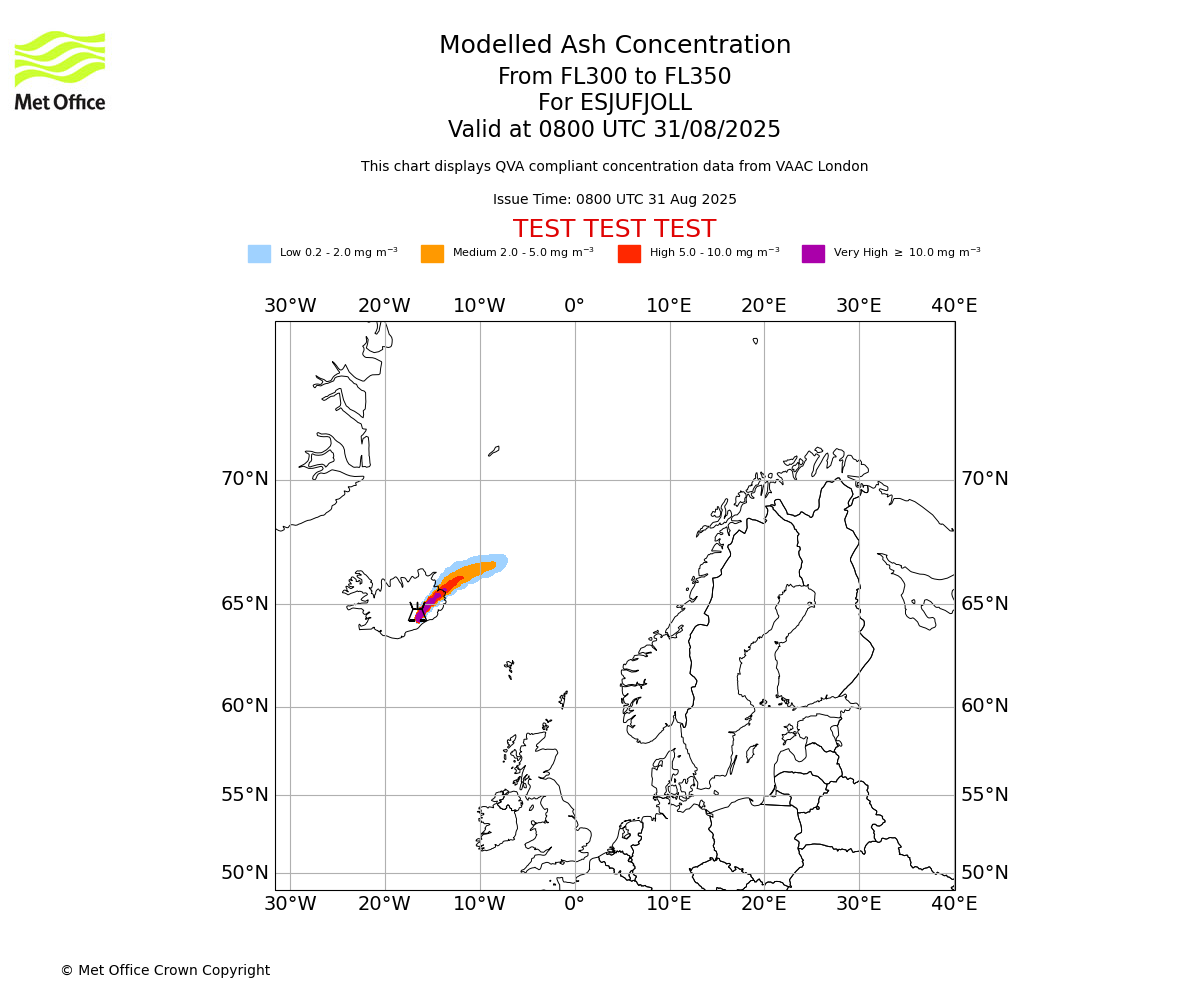 Modelled ash concentration from 300 to 350 for ESJUFJOLL. Valid at 0800 UTC 31/08/2025