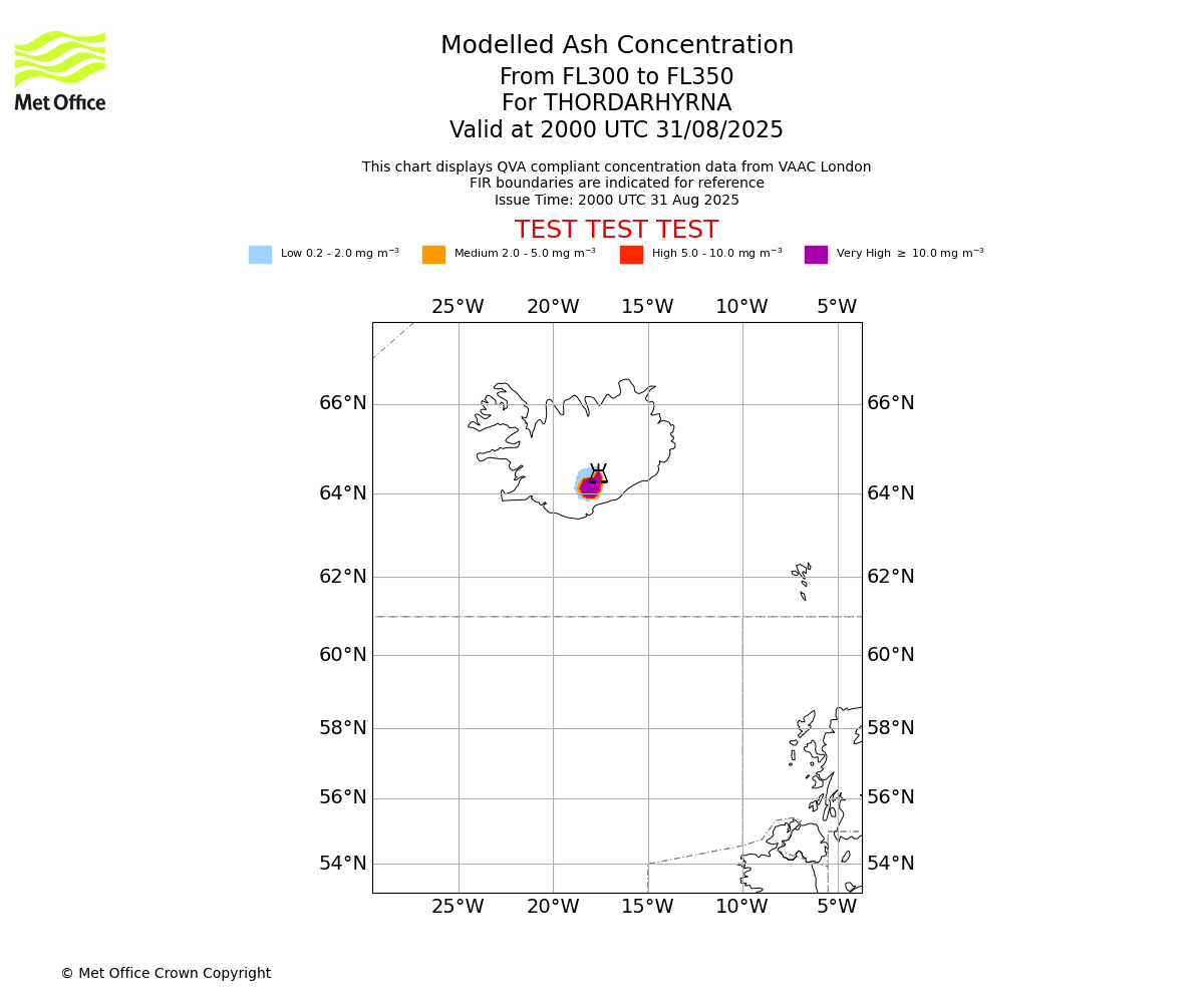 Modelled ash concentration from 300 to 350 for THORDARHYRNA. Valid at 2000 UTC 31/08/2025