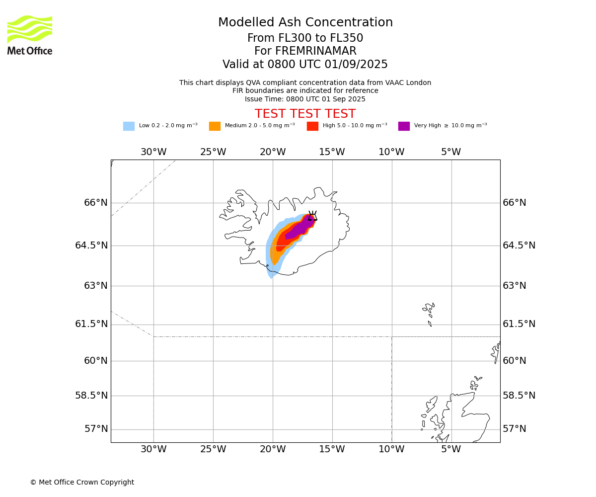 Modelled ash concentration from 300 to 350 for FREMRINAMAR. Valid at 0800 UTC 01/09/2025