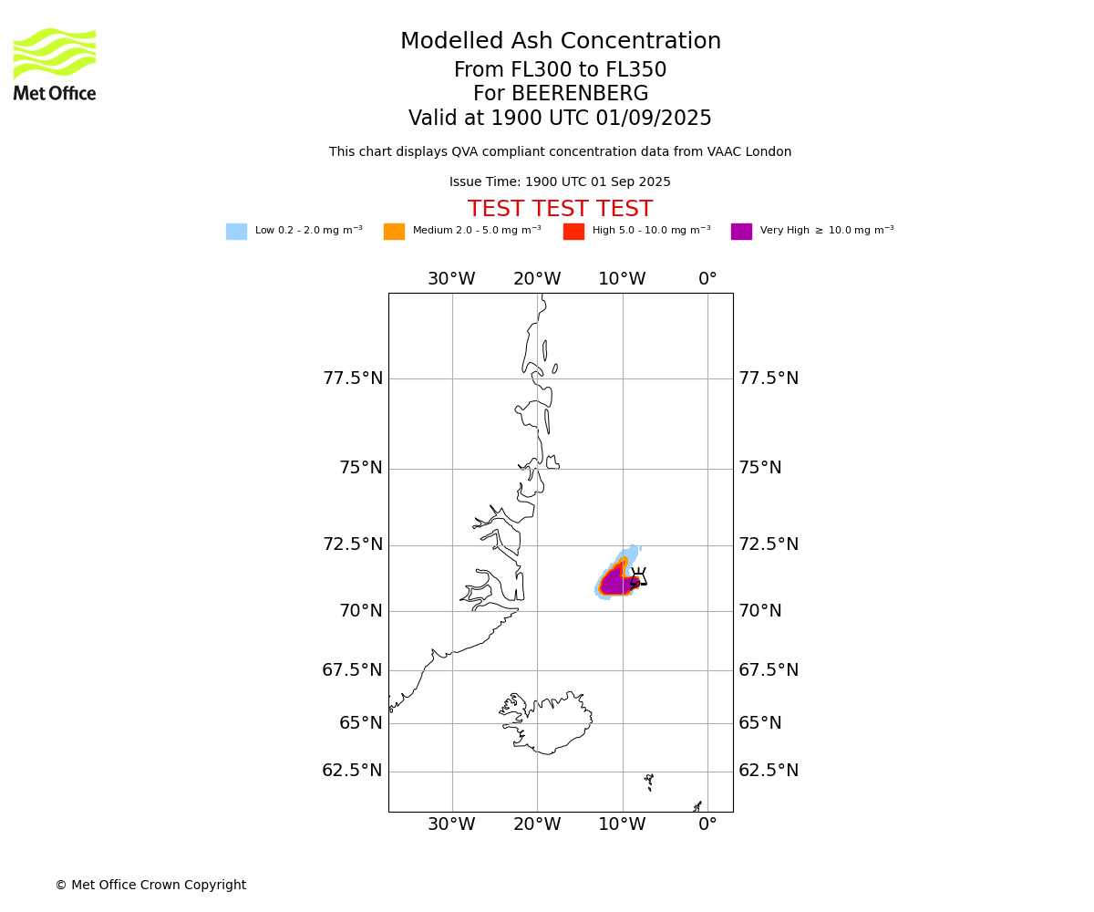 Modelled ash concentration from 300 to 350 for BEERENBERG. Valid at 1900 UTC 01/09/2025