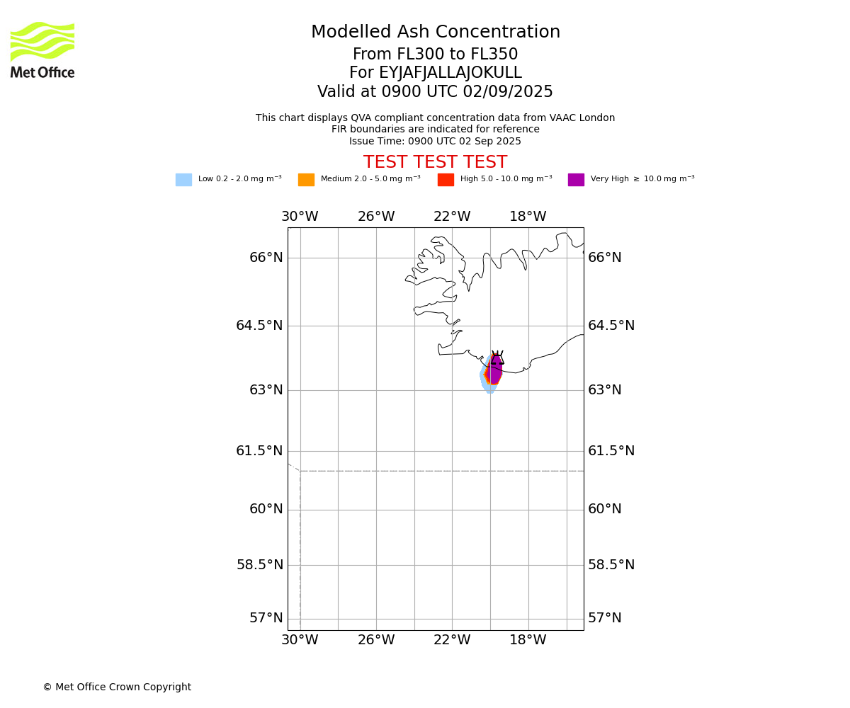 Modelled ash concentration from 300 to 350 for EYJAFJALLAJOKULL. Valid at 0900 UTC 02/09/2025