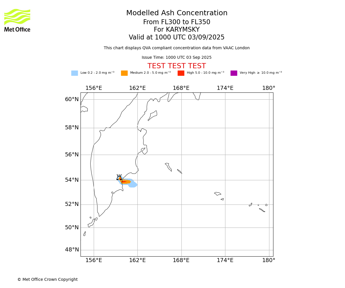 Modelled ash concentration from 300 to 350 for KARYMSKY. Valid at 1000 UTC 03/09/2025