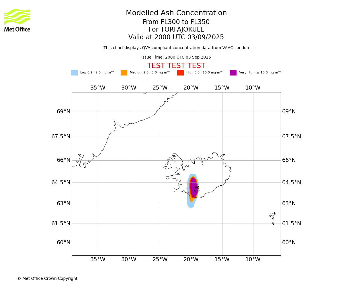Modelled ash concentration from 300 to 350 for TORFAJOKULL. Valid at 2000 UTC 03/09/2025
