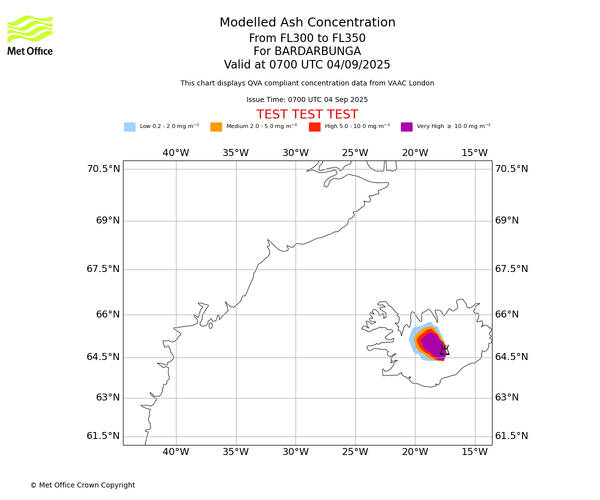 Modelled ash concentration from 300 to 350 for BARDARBUNGA. Valid at 0700 UTC 04/09/2025