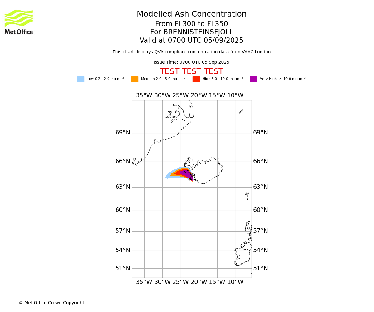 Modelled ash concentration from 300 to 350 for BRENNISTEINSFJOLL. Valid at 0700 UTC 05/09/2025