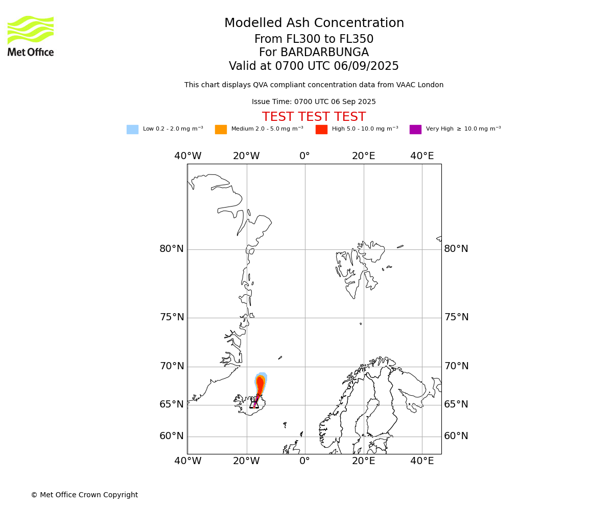 Modelled ash concentration from 300 to 350 for BARDARBUNGA. Valid at 0700 UTC 06/09/2025