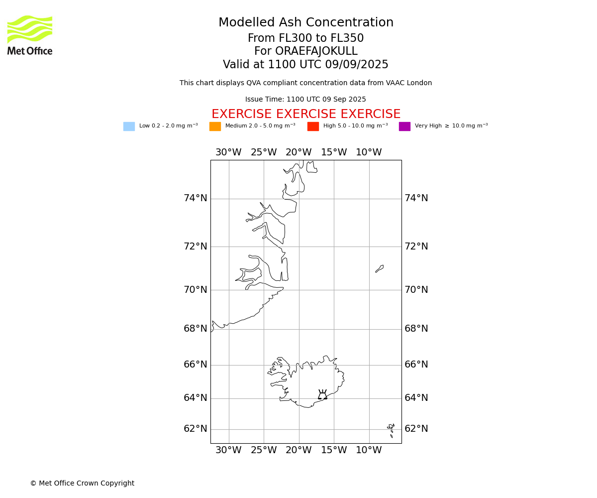 Modelled ash concentration from 300 to 350 for ORAEFAJOKULL. Valid at 1100 UTC 09/09/2025