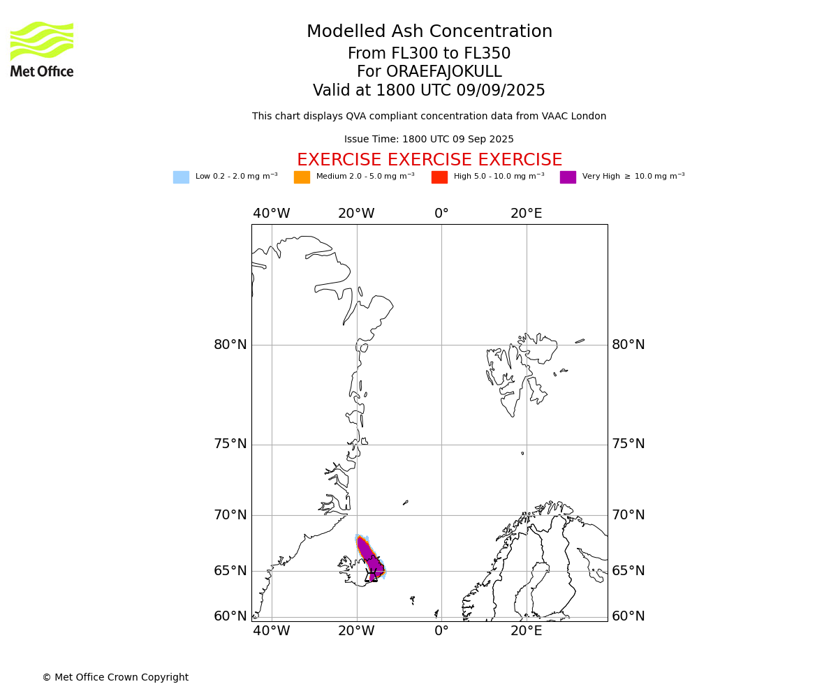 Modelled ash concentration from 300 to 350 for ORAEFAJOKULL. Valid at 1800 UTC 09/09/2025