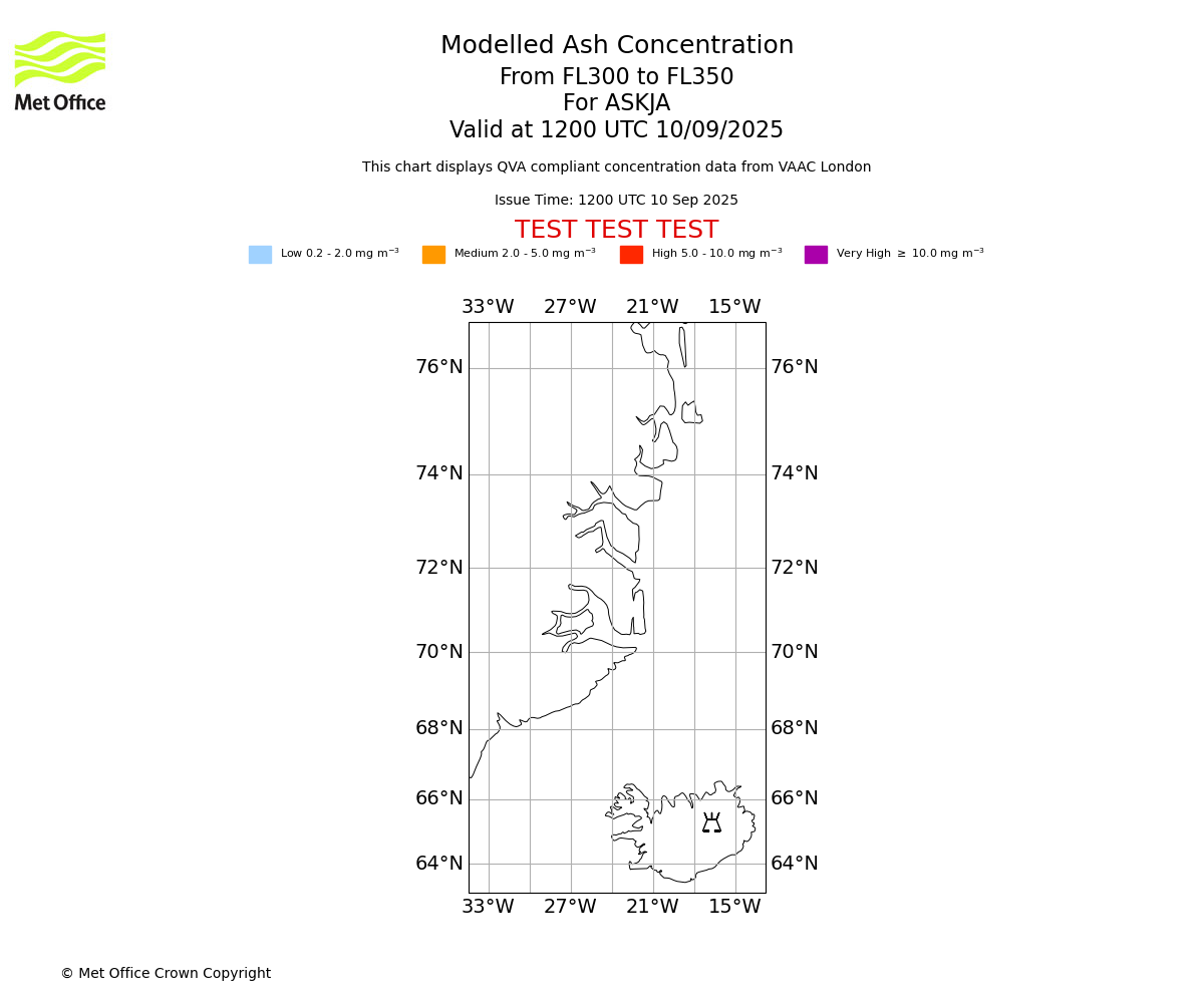 Modelled ash concentration from 300 to 350 for ASKJA. Valid at 1200 UTC 10/09/2025