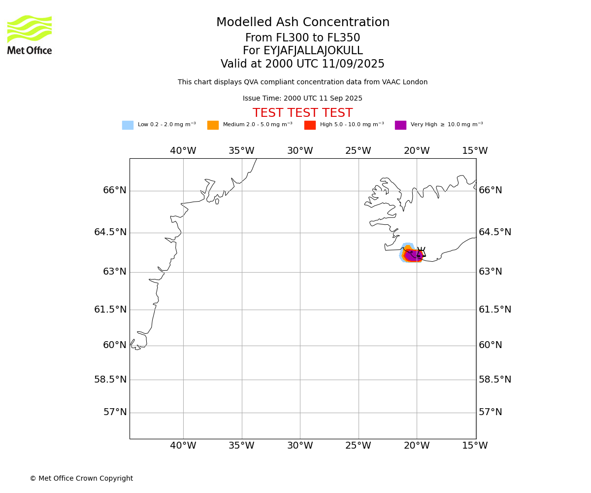 Modelled ash concentration from 300 to 350 for EYJAFJALLAJOKULL. Valid at 2000 UTC 11/09/2025