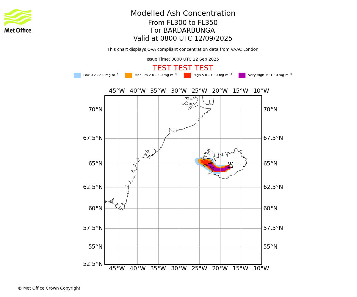 Modelled ash concentration from 300 to 350 for BARDARBUNGA. Valid at 0800 UTC 12/09/2025