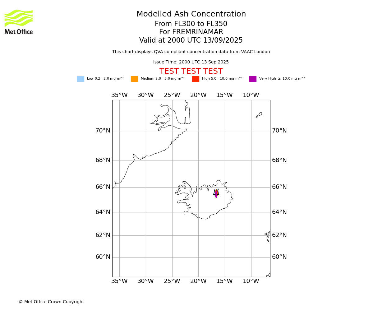Modelled ash concentration from 300 to 350 for FREMRINAMAR. Valid at 2000 UTC 13/09/2025