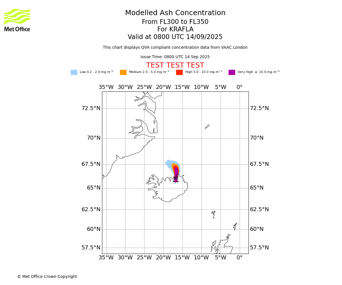 Modelled ash concentration from 300 to 350 for KRAFLA. Valid at 0800 UTC 14/09/2025
