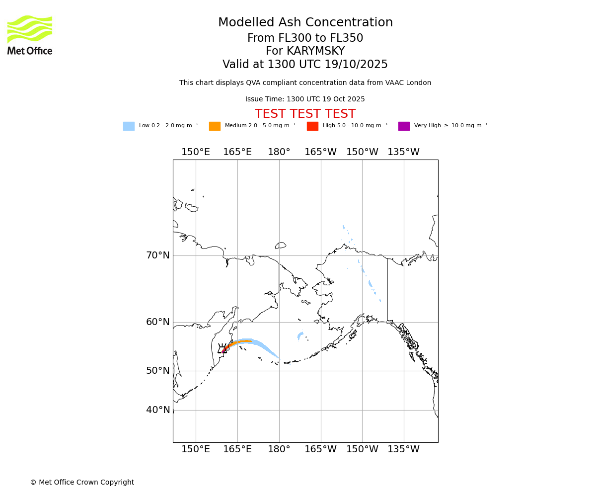 Modelled ash concentration from 300 to 350 for KARYMSKY. Valid at 1300 UTC 19/10/2025