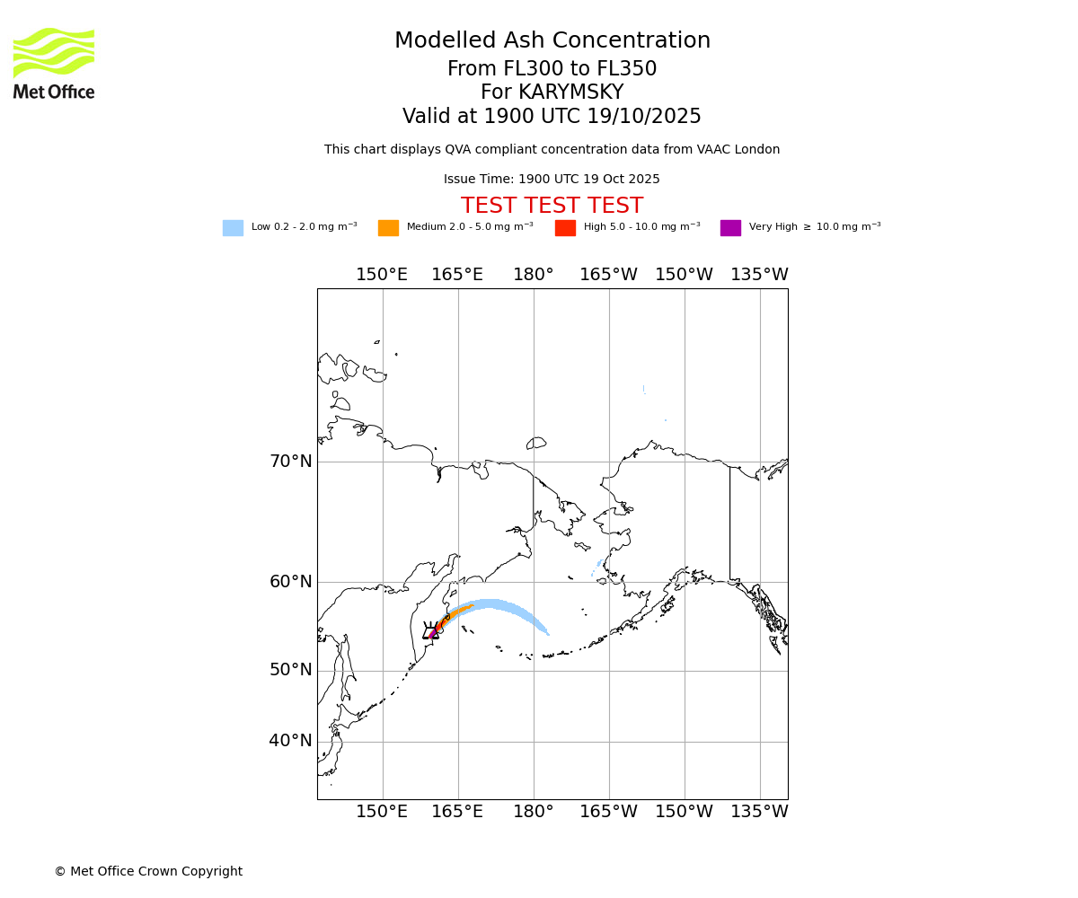 Modelled ash concentration from 300 to 350 for KARYMSKY. Valid at 1900 UTC 19/10/2025