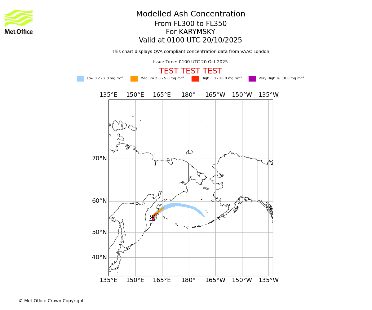 Modelled ash concentration from 300 to 350 for KARYMSKY. Valid at 0100 UTC 20/10/2025