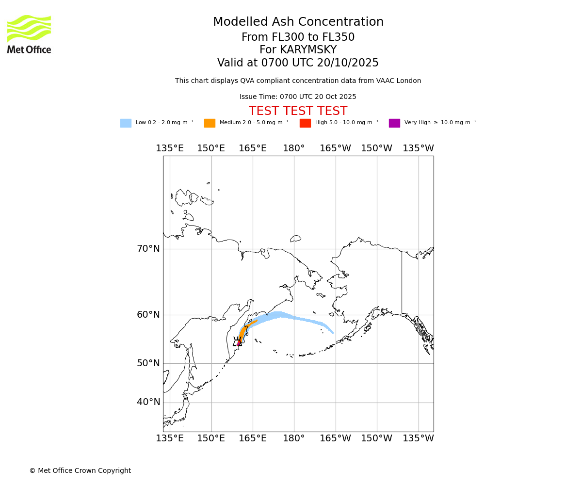 Modelled ash concentration from 300 to 350 for KARYMSKY. Valid at 0700 UTC 20/10/2025