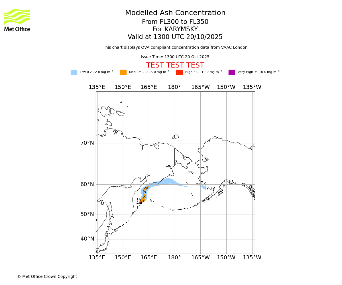 Modelled ash concentration from 300 to 350 for KARYMSKY. Valid at 1300 UTC 20/10/2025