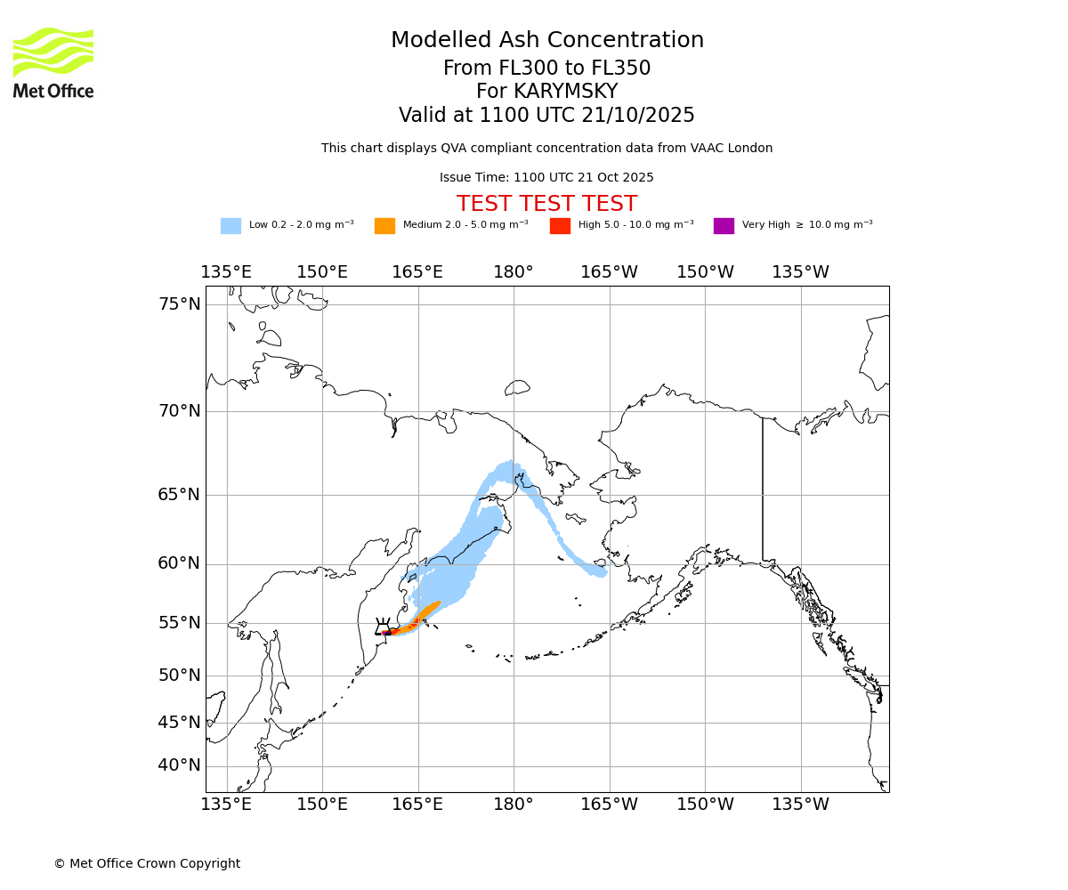 Modelled ash concentration from 300 to 350 for KARYMSKY. Valid at 1100 UTC 21/10/2025