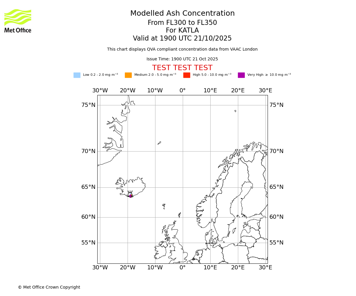 Modelled ash concentration from 300 to 350 for KATLA. Valid at 1900 UTC 21/10/2025