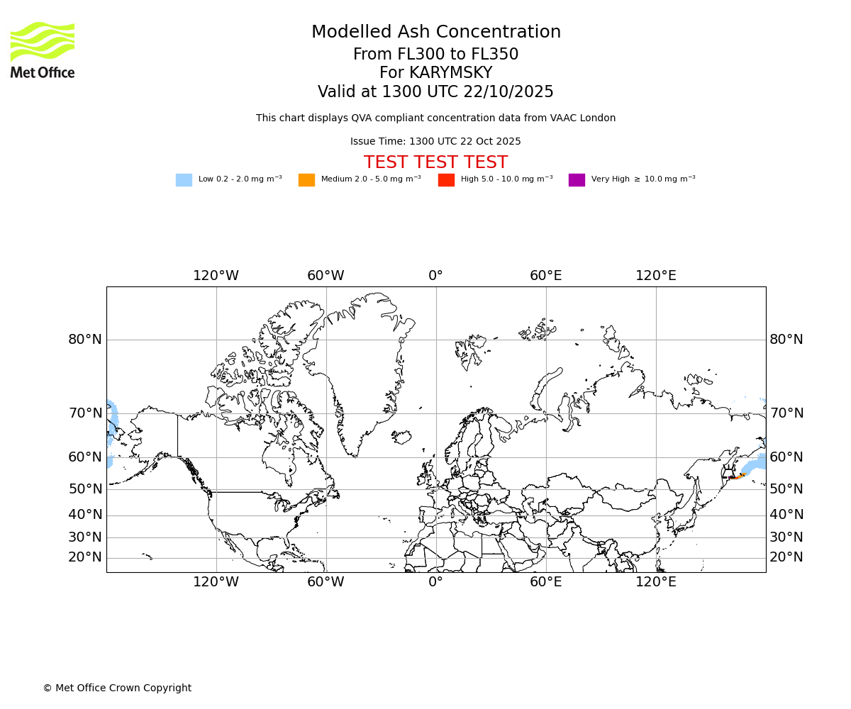 Modelled ash concentration from 300 to 350 for KARYMSKY. Valid at 1300 UTC 22/10/2025