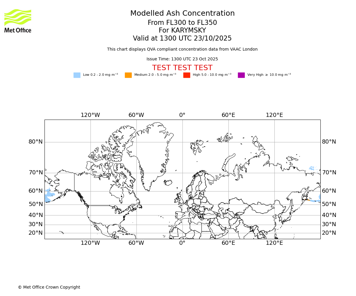Modelled ash concentration from 300 to 350 for KARYMSKY. Valid at 1300 UTC 23/10/2025