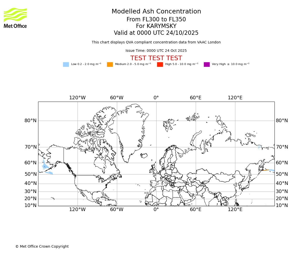 Modelled ash concentration from 300 to 350 for KARYMSKY. Valid at 0000 UTC 24/10/2025