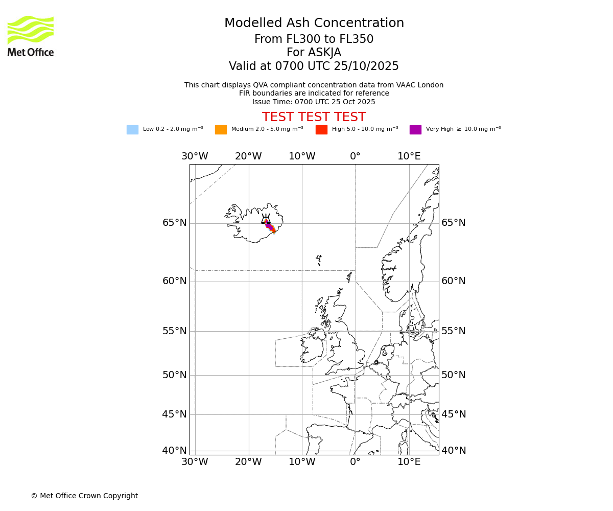 Modelled ash concentration from 300 to 350 for ASKJA. Valid at 0700 UTC 25/10/2025