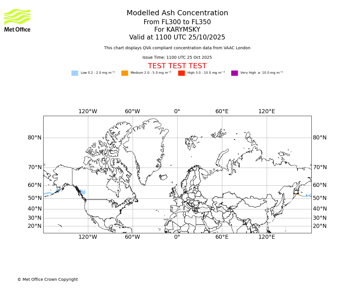 Modelled ash concentration from 300 to 350 for KARYMSKY. Valid at 1100 UTC 25/10/2025