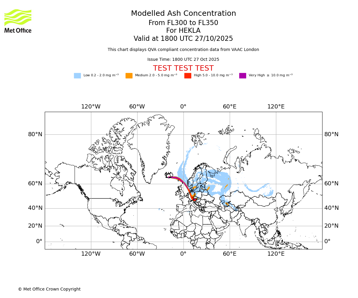 Modelled ash concentration from 300 to 350 for HEKLA. Valid at 1800 UTC 27/10/2025