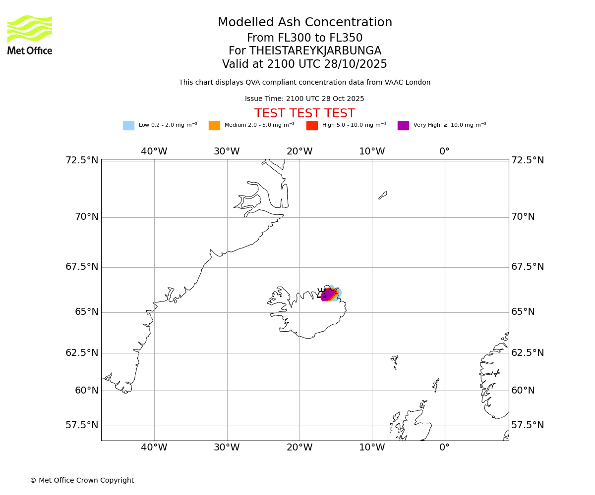 Modelled ash concentration from 300 to 350 for THEISTAREYKJARBUNGA. Valid at 2100 UTC 28/10/2025