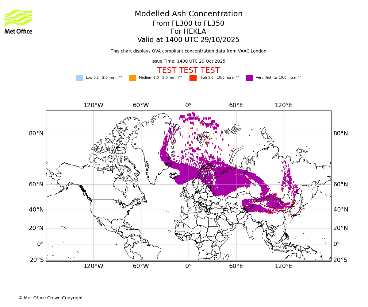 Modelled ash concentration from 300 to 350 for HEKLA. Valid at 1400 UTC 29/10/2025